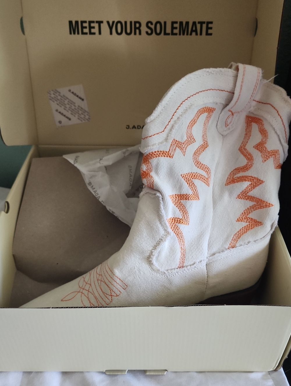J. Adams Giddyup White Denim Orange Embroidered Cowgirl Boots NIB Women's 11